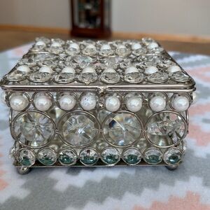 Vintage India Silver and Clear Crystal with faux pearls Trinket or Jewelry Box